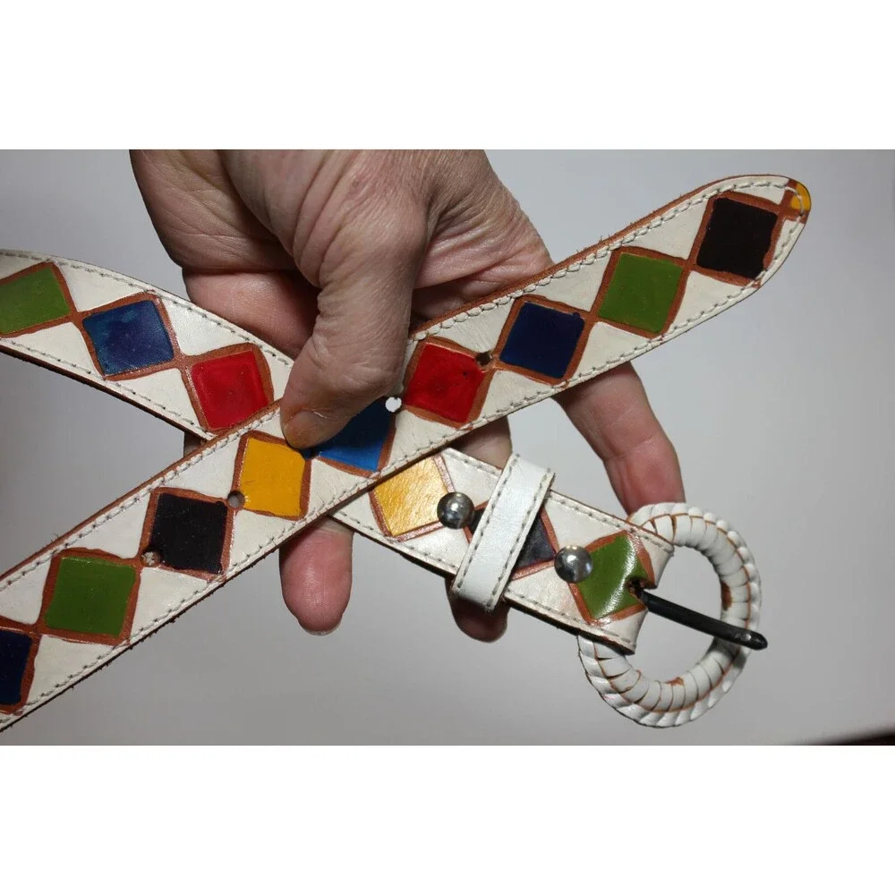 Colorful hand painted Leather Belt White - Color Diamonds - SIZE S/M - 34